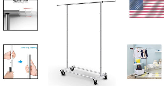 Chrome Garment Rack on Wheels - Adjustable Hanging Organizer for Stylish Storage