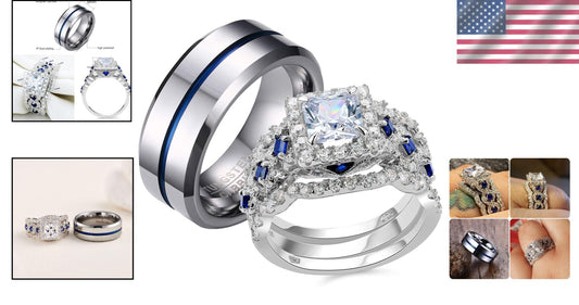 Elegant Wedding Rings Set for Couples - 925 Sterling Silver & Tungsten Bands