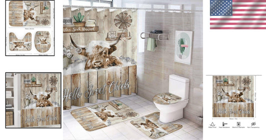 Funny Highland Cow Shower Curtain Set - 4-Piece with Non-Slip Bath Accessories