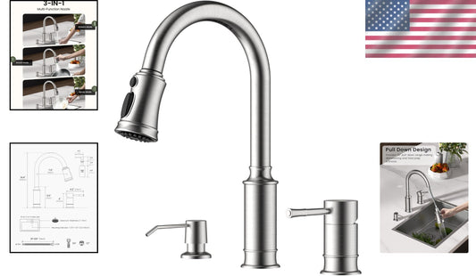 Brushed Nickel Kitchen Faucet with Soap Dispenser & Pull Down Sprayer - 3 Holes