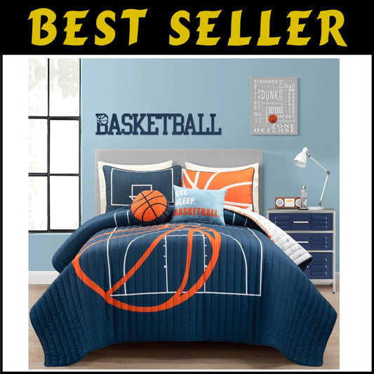 Youth Basketball Quilt Set - Soft 5-Piece Reversible Bedding for Full/Queen