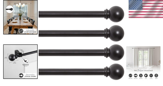 Durable Black Extendable Curtain Rods, 5/8" diameter, 4 Pack for Window Decor