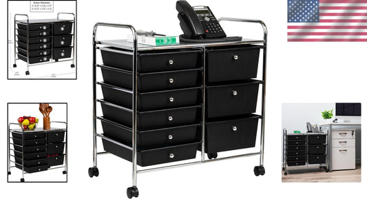Durable Metal Utility Cart with 9 Drawers - Space-Saving Storage in Black/Silver