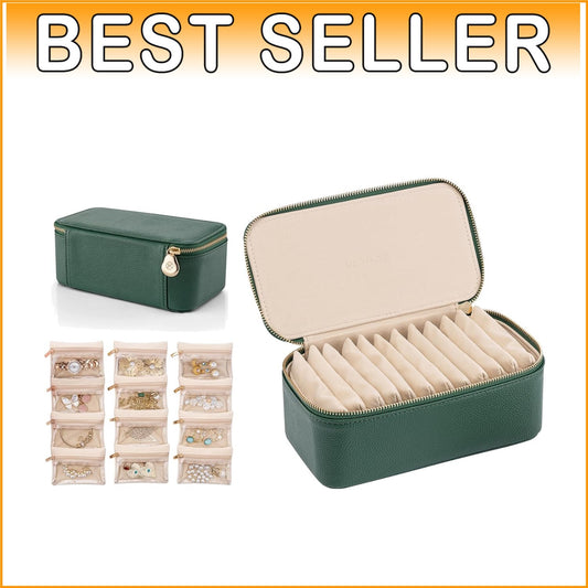Faux Leather Travel Jewelry Box - 12 Convenient Zipped Pouches for All Jewelry