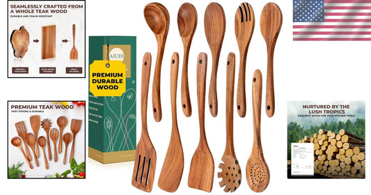 10-Piece Stylish Teak Cooking Utensils Set - Non-Stick Safe & Durable