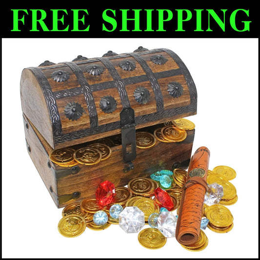 8" Wooden Pirate Treasure Chest - Perfect for Themed Parties & Imaginative Play
