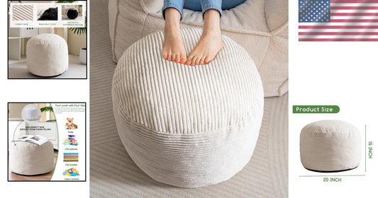 Fluffy Round Pouf Ottoman - 20" Corduroy Stool with Storage for Living Room