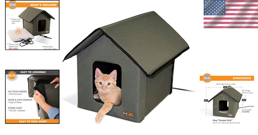 Olive insulated Kitty House with Heated Bed - Perfect for Outdoor Cats in Winter