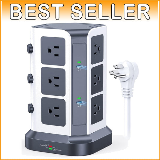 65W PD Power Strip Tower with 12 AC Outlets & USB Charging for Home Office