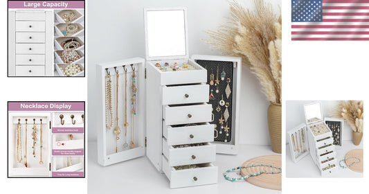 Sturdy White Jewelry Box with 6 Tiers, Mirror & Earring Display Side Doors