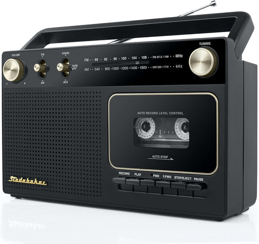 Vintage Inspired Gold Portable Audio Stereo with AM/FM Radio & Cassette Recorder