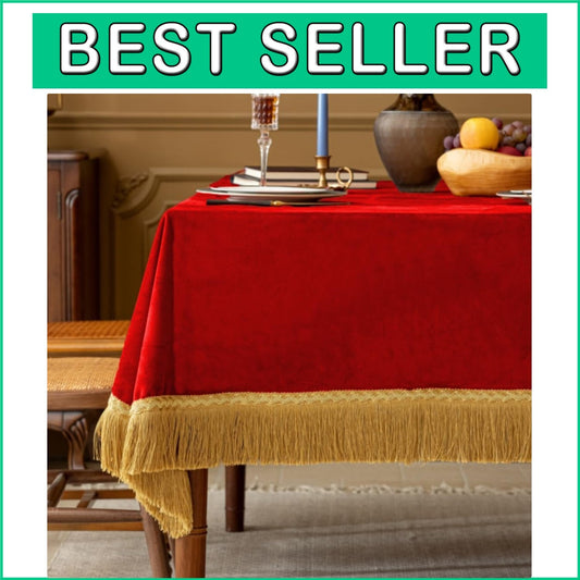 Elegant 60x120-Inch Red Velvet Tablecloth with Gold Tassel for Luxurious Dining