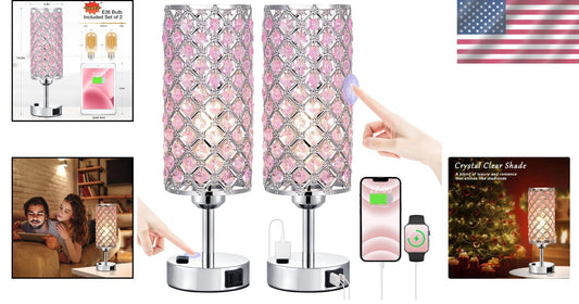 Modern 2-Pack Dimmable Touch Crystal Table Lamps with USB Charging Ports
