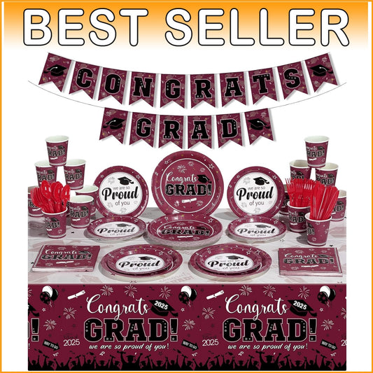 Elegant Maroon Graduation Dinnerware Set for Up to 50 Guests - Class of 2025