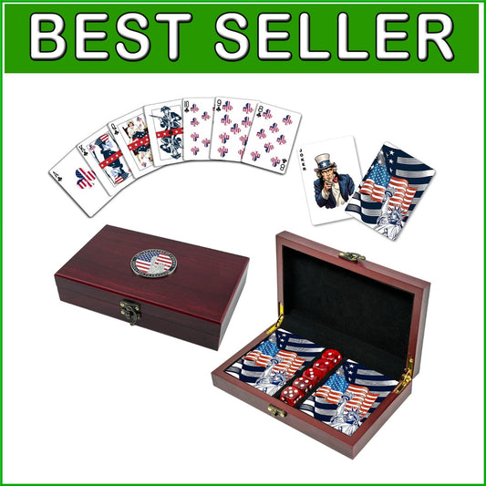 Unique American Flag Card Game Set with Dice and Wooden Box - Marine Vet Owned