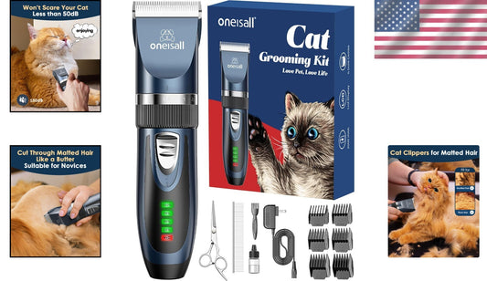 Rechargeable Cat Grooming Clippers with LCD & Accessories - Pet Care Kit in Blue