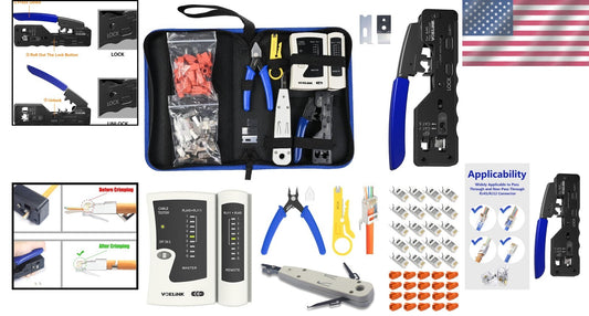 Ergonomic Network Crimper Set with 20 Pass-Thru Connectors for Homes & Offices