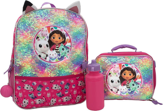 Durable 16" Gabby’s Dollhouse Sequin Backpack Set - Perfect for School Travel