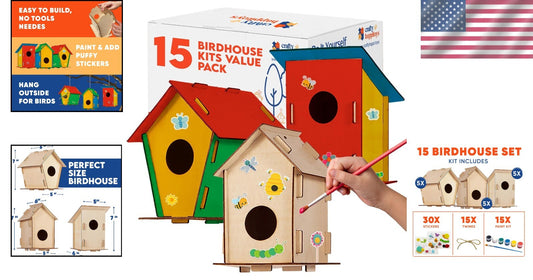 Kids Birdhouse Craft Kit - 15 Unfinished Wood Houses with Paint & Stickers