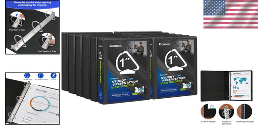 12 Pack D-Ring Black Binders - 1 Inch, Holds 225 Sheets, Multipocket Design