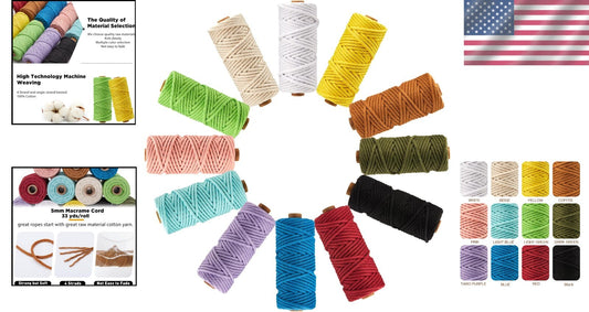 12 Assorted 5mm Macrame Cord Rolls - Natural Cotton String for DIY Art Supplies