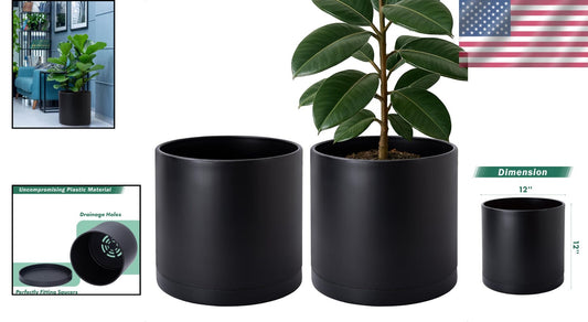 Cylindrical 12-Inch Indoor/Outdoor Planters with Drainage Saucers - Set of 2