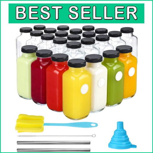 Vintage 24pc Glass Drinking Bottle Set – Includes Lids, Straws, & Labels