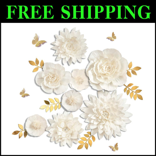 8PC White Paper Flowers with Gold Leaves & Butterflies - Perfect for Weddings