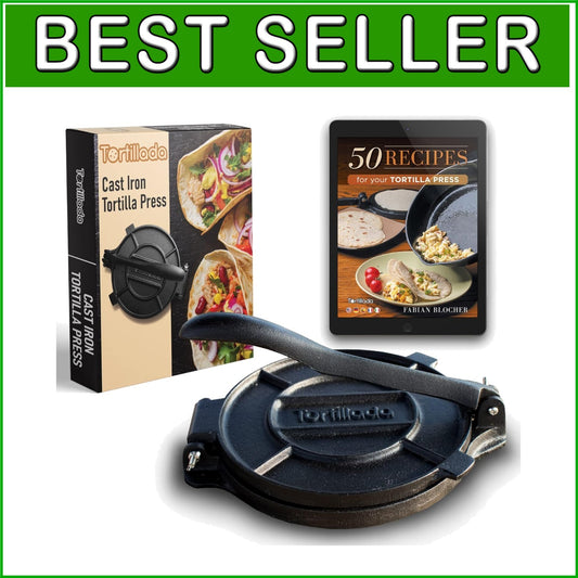Durable 10-Inch Cast Iron Tortilla Maker with E-Book of 50 Delicious Recipes