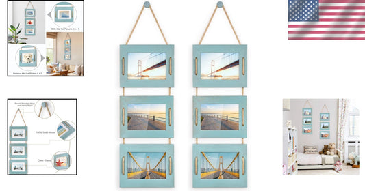 Creative 5x7 Collage Wall Decor - Rustic Ocean Blue Frames with 3.5x5 Options
