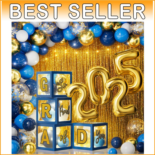 Blue Gold Graduation Party Essentials - 86 PCS LED Lights, Balloons & Backdrop