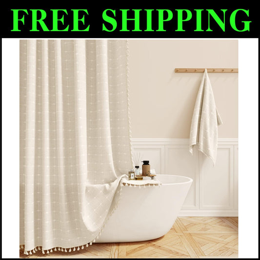 72x84 Inch Water-Repellent Linen Blend Shower Curtain with Boho Tassels - Cream