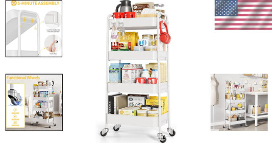 Sturdy 4-Tier Rolling Cart with Wheels - Ideal Baby, Craft, and Kitchen Storage