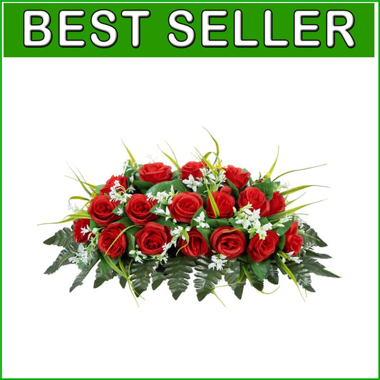 Elegant Red Silk Roses Cemetery Headstone Flower Saddle - All-Weather Decor