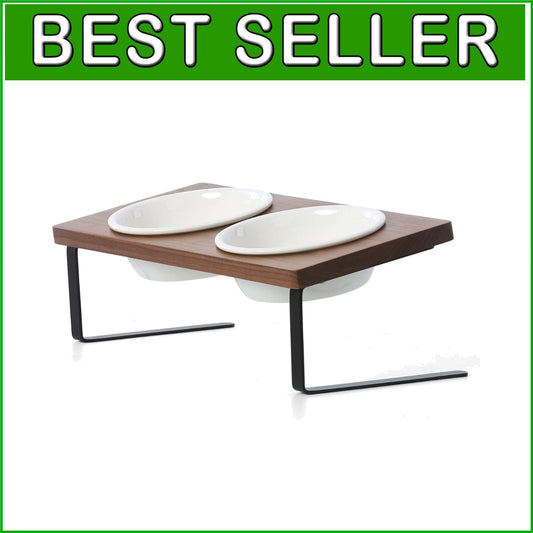 Stylish Elevated Cat and Puppy Bowls with Natural Walnut Stand - Easy Clean