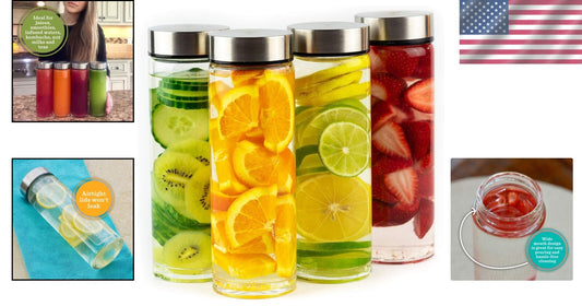 Reusable 16oz Wide Mouth Glass Bottles with Airtight Lids - 4 Pack for Juicing