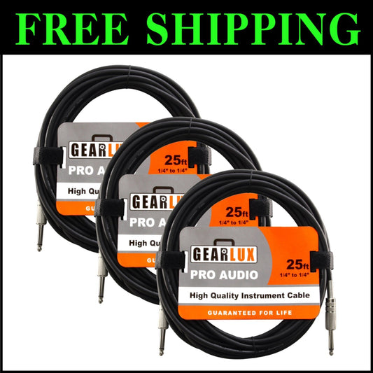 3 Pack Professional 25ft Black Guitar Cables with Straight 1/4 Inch Connectors