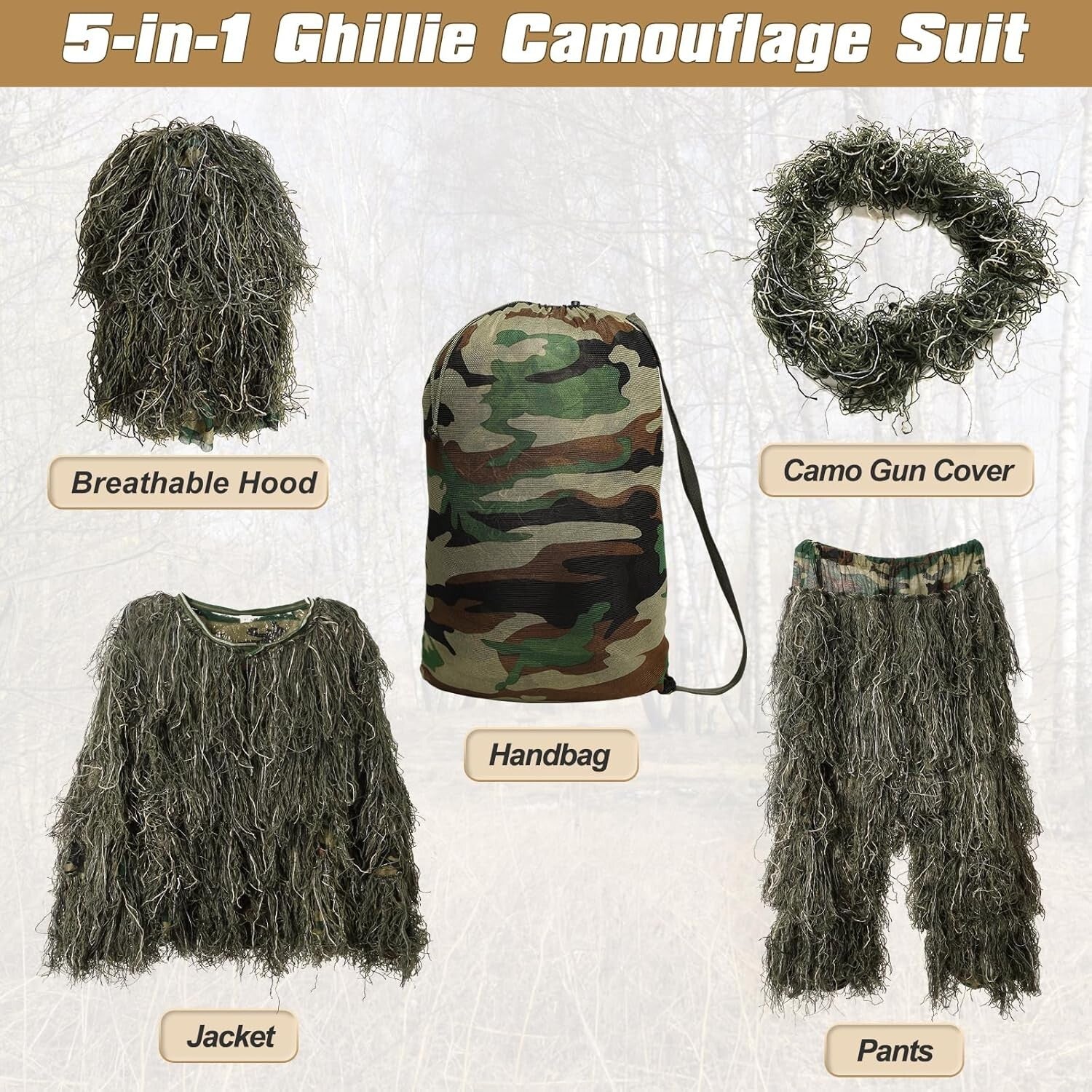 3D Camouflage Ghillie Suit - All-in-One Hunting Outfit with Carry Bag