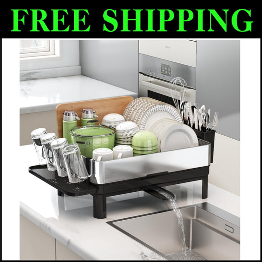 1-Tier Compact Dish Drainer with Utensil and Cup Holders for Kitchen Counters