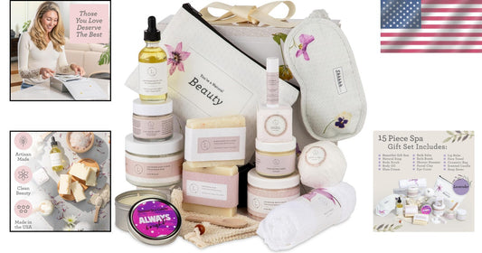 All-Natural 15 Piece Lavender Spa Gift Basket - Luxury Self-Care Essentials