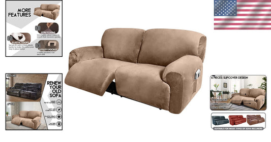 Extra Wide Velvet Reclining 2 Seater Sofa Cover - 6-Piece Slipcover Set in Sand