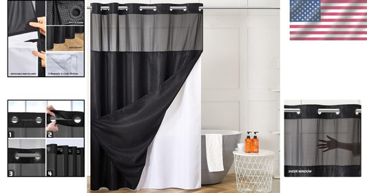 Luxury Black Shower Curtain with Mesh Top & Removable Liner – 96 Inch Length