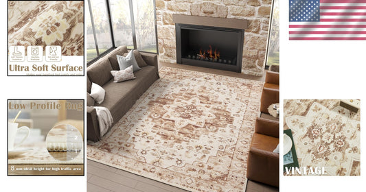 Floral Print 8x10 Area Rug - Vintage Soft Carpet for Living Room & Dining Room