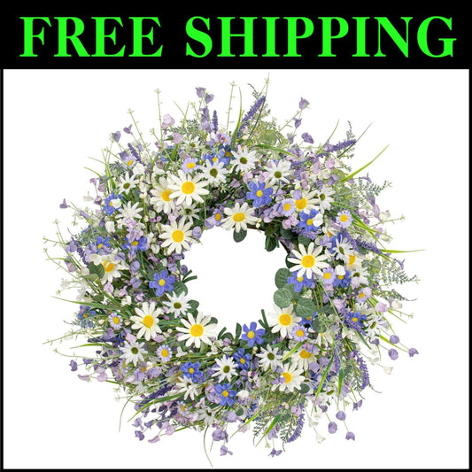 Handmade Blue Spring Wreath with White Sunflowers for Front Door Elegance