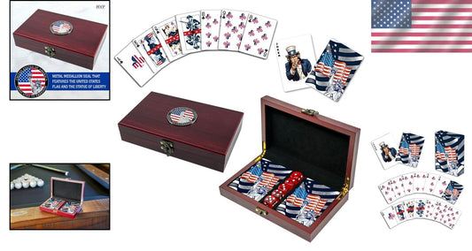 Unique American Flag Card Game Set with Dice and Wooden Box - Marine Vet Owned