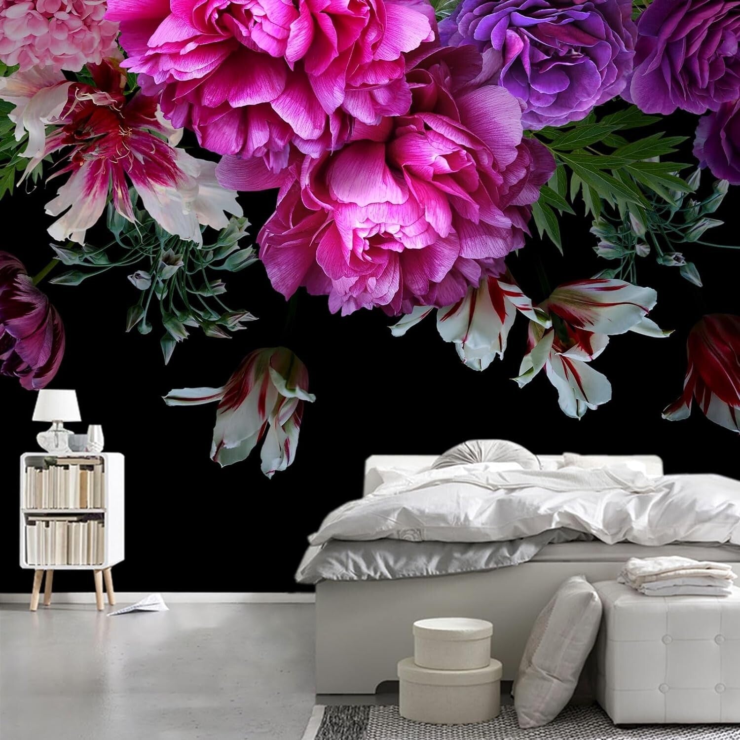 3D Floral Wallpaper Mural: Purple Peony & Tropical Leaves for Bedrooms