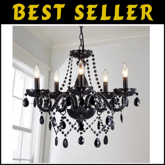 Adjustable Black Crystal Chandelier with 5 Dimmable Lights - 19" Ceiling Fixture