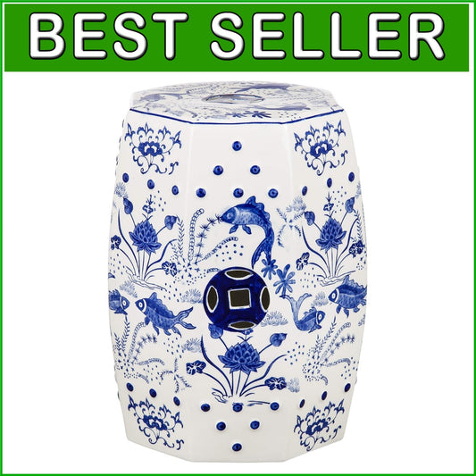 Chinoiserie Pattern Garden Stool - Stylish Blue Seating, Lightweight and Durable