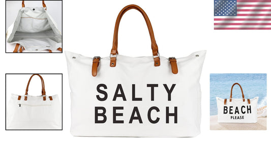 Oversized Beach Tote with Multi Pockets and Vegan Leather Handle - Sandproof Bag