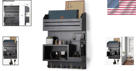 Versatile Wall-Mounted Key and Mail Organizer with Double Hooks - Rustic Charm